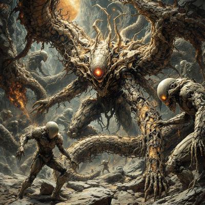 The primary subject of the image is a large, monstrous creature with multiple arms and a face with glowing eyes. The creature is surrounded by other monsters, creating a sense of danger and chaos. The setting is a dark, rocky environment, with the monsters standing on rocks and dirt. The visual style is a digital art or illustration, with the monsters appearing as detailed and intricate creations. The colors and mood of the image are dark and intense, with the glowing eyes of